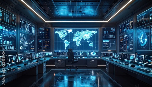 Advanced control room with global map and data monitors.