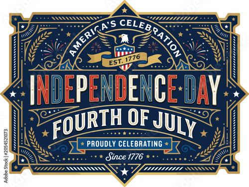 Vintage fourth of july emblem with american eagle and gold frame