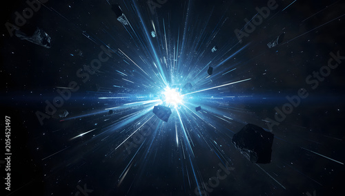 Explosive Blue White Energy Core Bursting in Deep Space with Shockwave