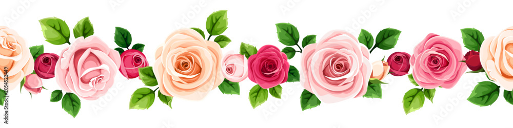 Fototapeta premium Floral seamless border with red, pink, and white roses and green leaves. Vector seamless floral garland
