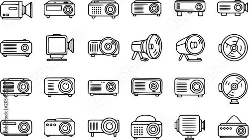 Black and white line art icons of projectors and cameras for technology industry