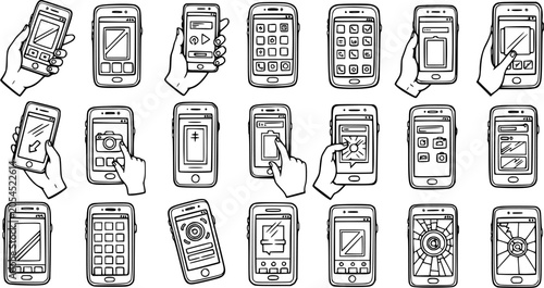 Technology Mobile Phone Smartphones Black and White Line Art Set. Hand-Drawn Illustrations of Devices, User Interaction, Applications, and Broken Screens.