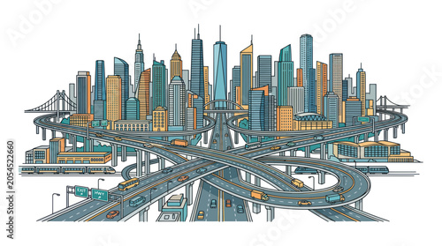 Fotografie Modern city skyline with busy highway interchange and overpasses