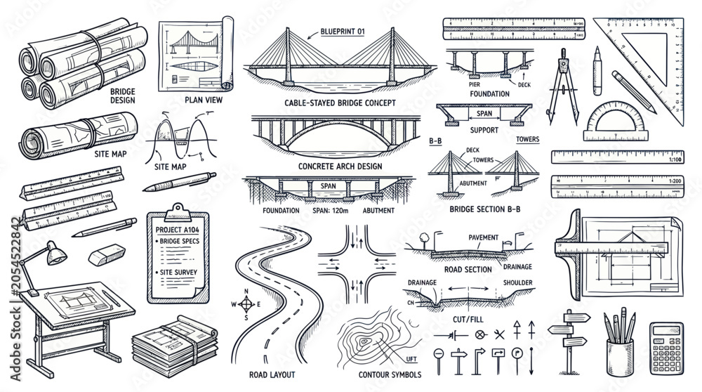 Obraz premium Bridge construction blueprints and engineering drafting tools