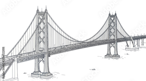 Bild auf Leinwand Suspension bridge spanning over water in detailed line drawing style