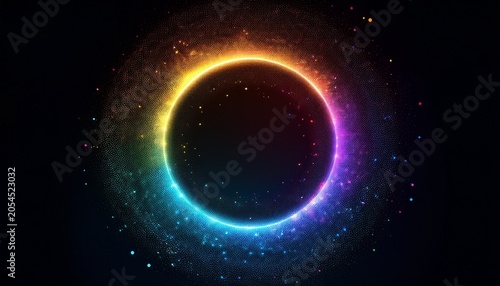 Abstract Glowing Particle Circle With Spectrum Light Gradient On Black Background