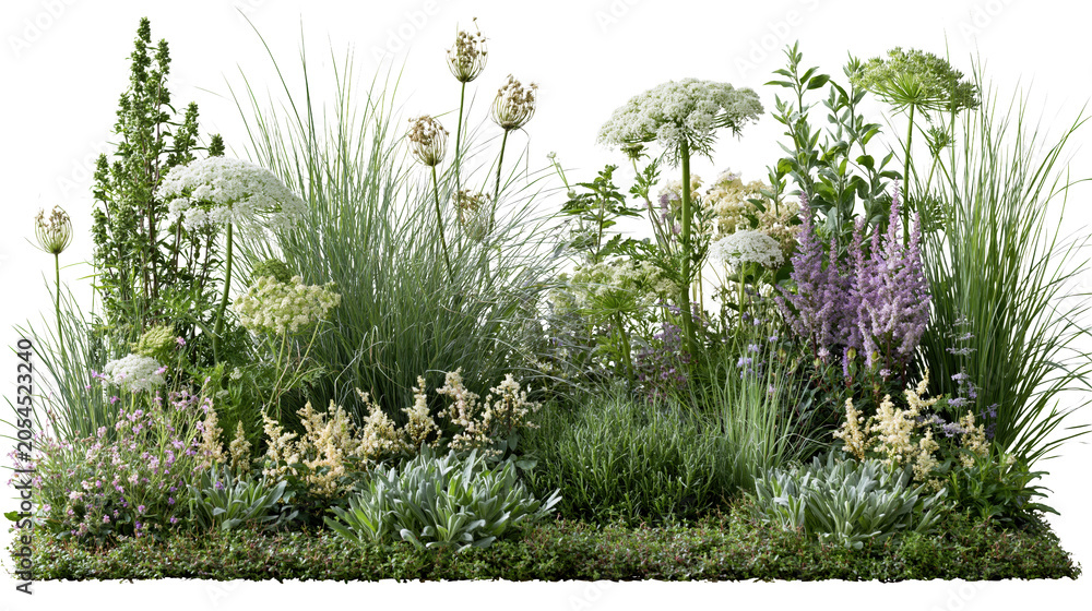 Fototapeta premium Spring floral garden with grasses, wildflowers and white blossoms