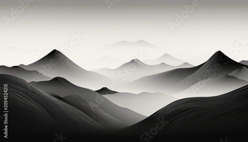 Minimal Mountain Range In Monochrome Abstract Fog Landscape Background With Copy Space