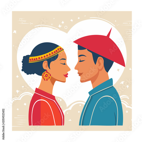 Illustration of woman in red and blue headscarf