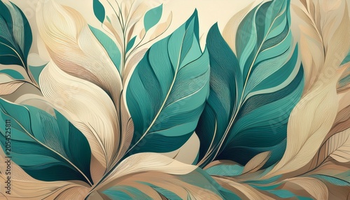 Huge Organic Abstract Leaves In Turquoise And Beige Background Abstract Design