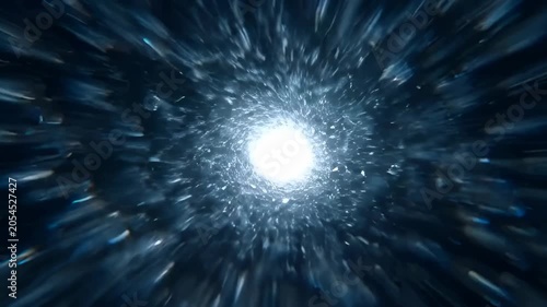 Abstract spiral tunnel with dark blue light, motion blur, glowing particles, glittering surface and shiny abstract background