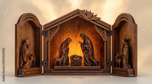 Elegant wooden nativity scene with Mary, Joseph, and baby Jesus illuminated