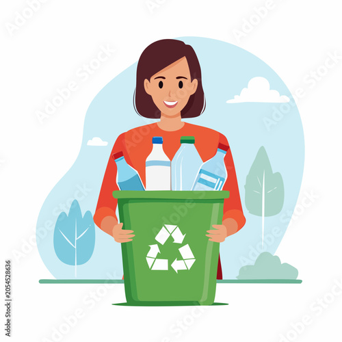 Woman Holding Recycling Bin with Plastic Bottles