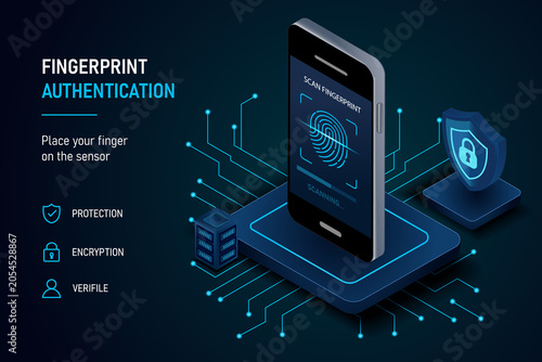 Obraz na płótnie Futuristic biometric fingerprint scanner interface with a glowing cyan neon thumbprint symbol and digital circuit elements on a dark blue high-tech background