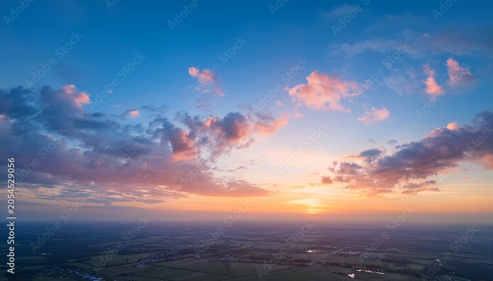 Fototapeta premium Ave Real Sky With Sun Pastel Colors Panoramic Sunrise Sundown Sanset Sky With Colorful Clouds Without Any Birds Natural Cloudscape