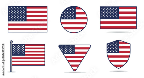 Collection of American flag icons in various shapes and styles for patriotic and nationalistic themes