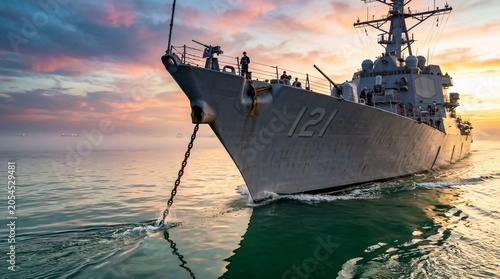 Modern destroyer cutting through emerald water at golden hour pre-dawn.