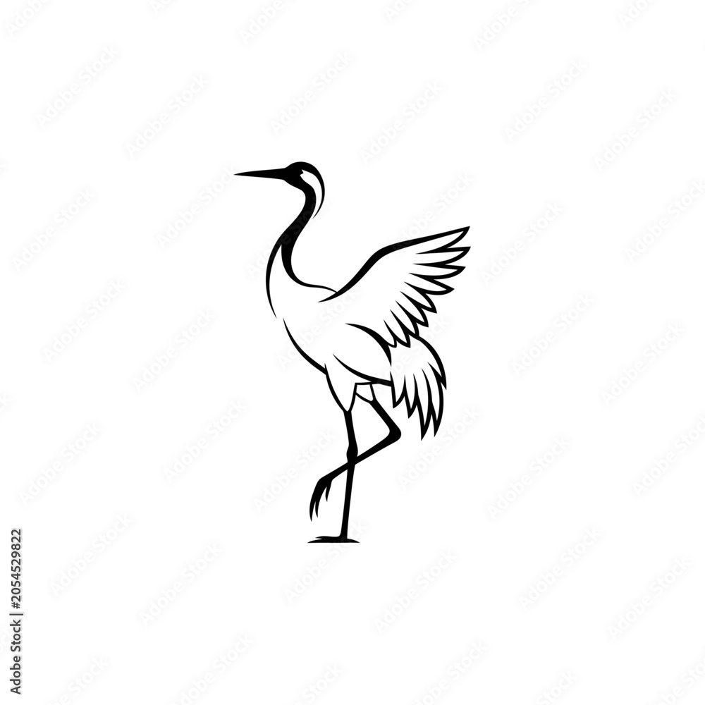 Naklejka premium Minimalist black and white line art illustration of a standing crane bird.