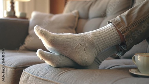 Cozy feet in light gray socks resting on a soft couch, with a warm atmosphere created by natural light and a cup of coffee on the side table