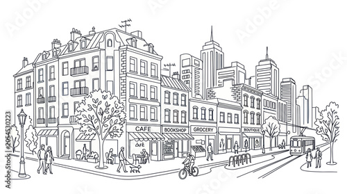 Urban city street with cafe shops tram and pedestrians line art