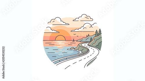 Winding coastal highway with sunset over the ocean horizon