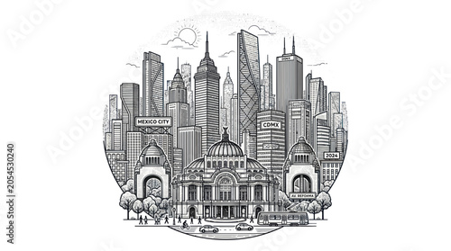 Mexico city skyline featuring historic landmarks and modern buildings