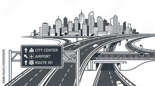 Modern city skyline and complex highway interchange with road sign