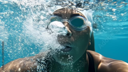 Athletic Swimmer Exhaling Air Bubbles Underwater In A Blue Pool