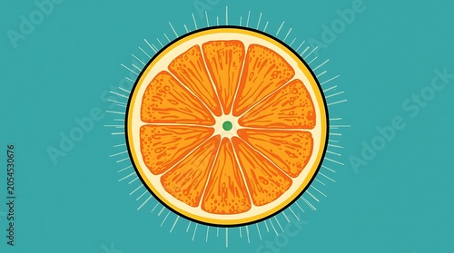 Vibrant orange slice illustration with radiating lines on a teal background