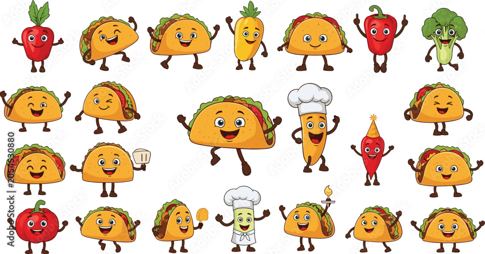 Fototapeta premium Cute Taco Mascot Character Collection with Funny Cartoon Fast Food Illustrations