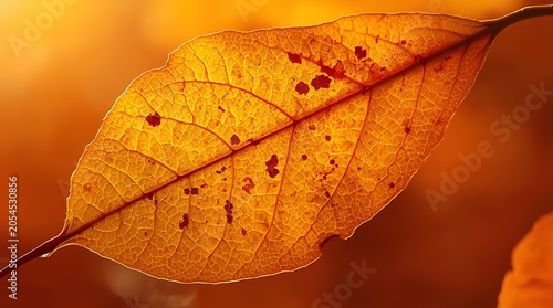 Close-up of a backlit autumn leaf showing intricate vein patterns and spots