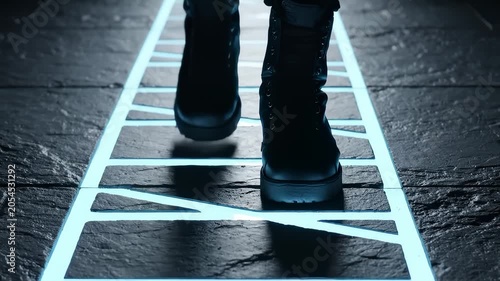 Walking Along A Neon Glowing Path In Dark Futuristic Surroundings