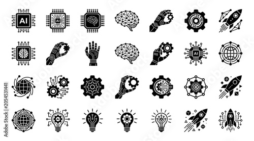 Black and white technology icons set.