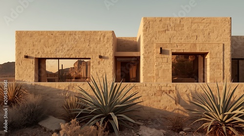 Modern desert home with stone facade and agave plants at sunset