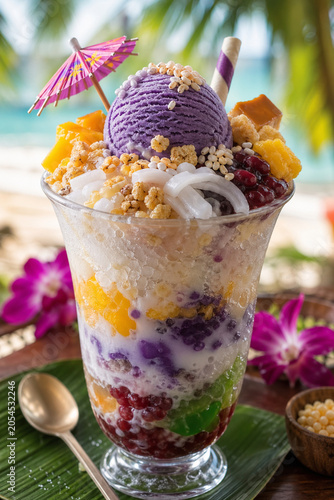Philipine halo-halo dessert with fruits, sweetened beans, jellies and sweet toppings