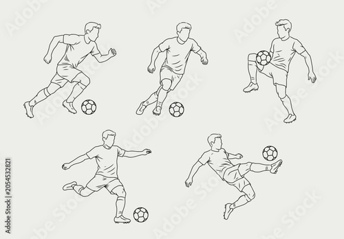 Soccer Players Action Set Thin Line Illustration