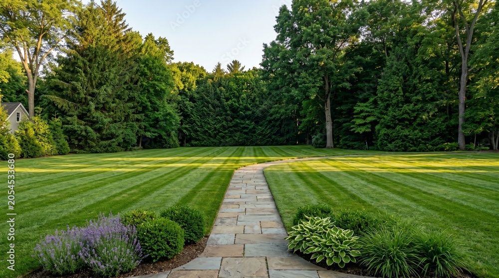 Obraz premium A stone walkway path leading through a lush green lawn in a peaceful residential backyard garden surrounded by tall forest trees