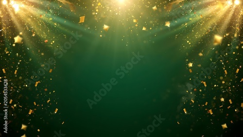 Dark green template illuminated by golden top spotlights and confetti