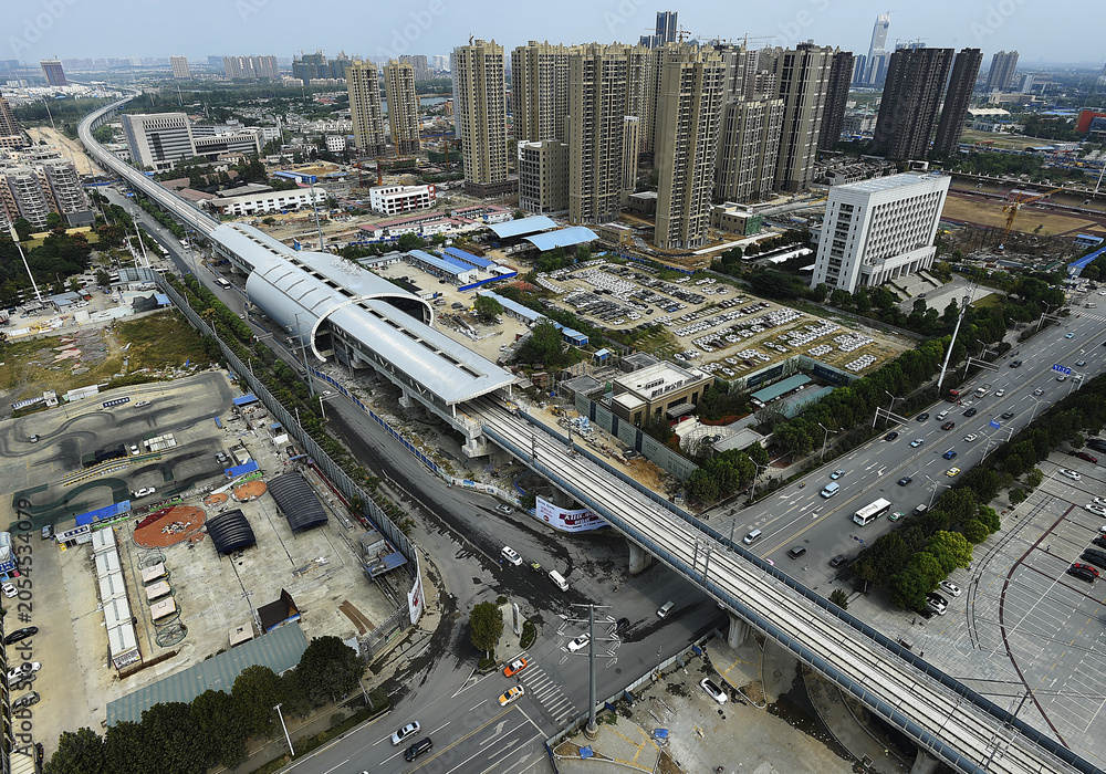 Fototapeta premium Panlongcheng Elevated Railway Station Construction, China