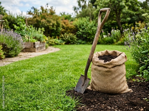 Metal shovel and a brown burlap sack filled with fresh dark garden soil placed on green grass in a sunny home backyard garden