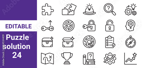Vector puzzle icons. Editable stroke line icon set. Simple elements teamwork problem solving. Questions and answers decision making planning. Creative idea handshake search whole and particular