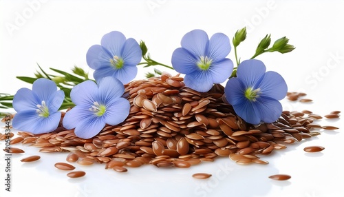 Flax Seeds With Flowers On White Background