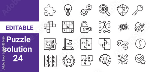 Vector puzzle icons. Editable stroke line icon set. Simple elements teamwork problem solving. Questions and answers decision making planning. Creative idea handshake search whole and particular