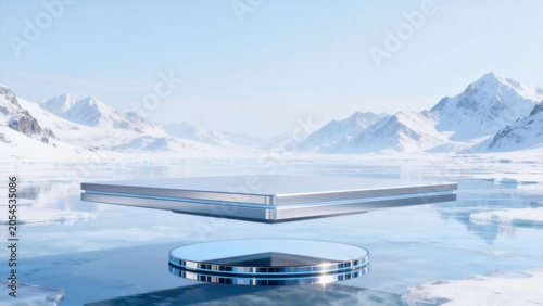 Floating platform in icy landscape