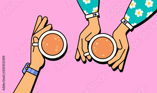 People holding coffee cups together social gathering cartoon illustration vector hand drawn style