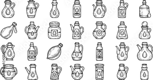 Photos Black and White Line Art Collection of Various Oil and Vinegar Bottles and Jars