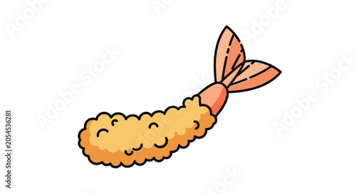 Cartoon fried shrimp with orange tail and segmented body