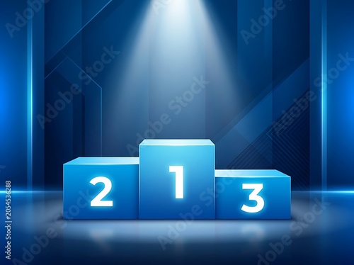 Blue winners podium with first second and third place stands illuminated by a bright spotlight in a dark gaming arena background