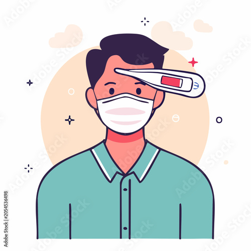 Man with Face Mask and Thermometer Checking Temperature