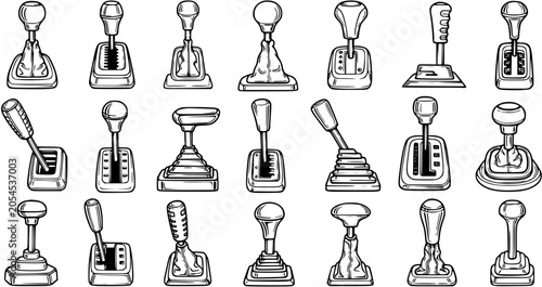Bild auf Leinwand Automotive Gear Shifters and Shift Knobs Black and White Line Art Collection of